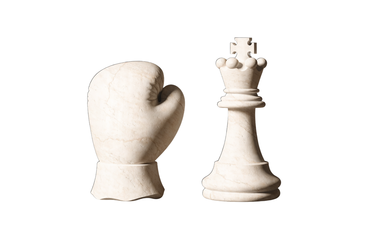 Sculptural boxing glove and chess king in bone stone
