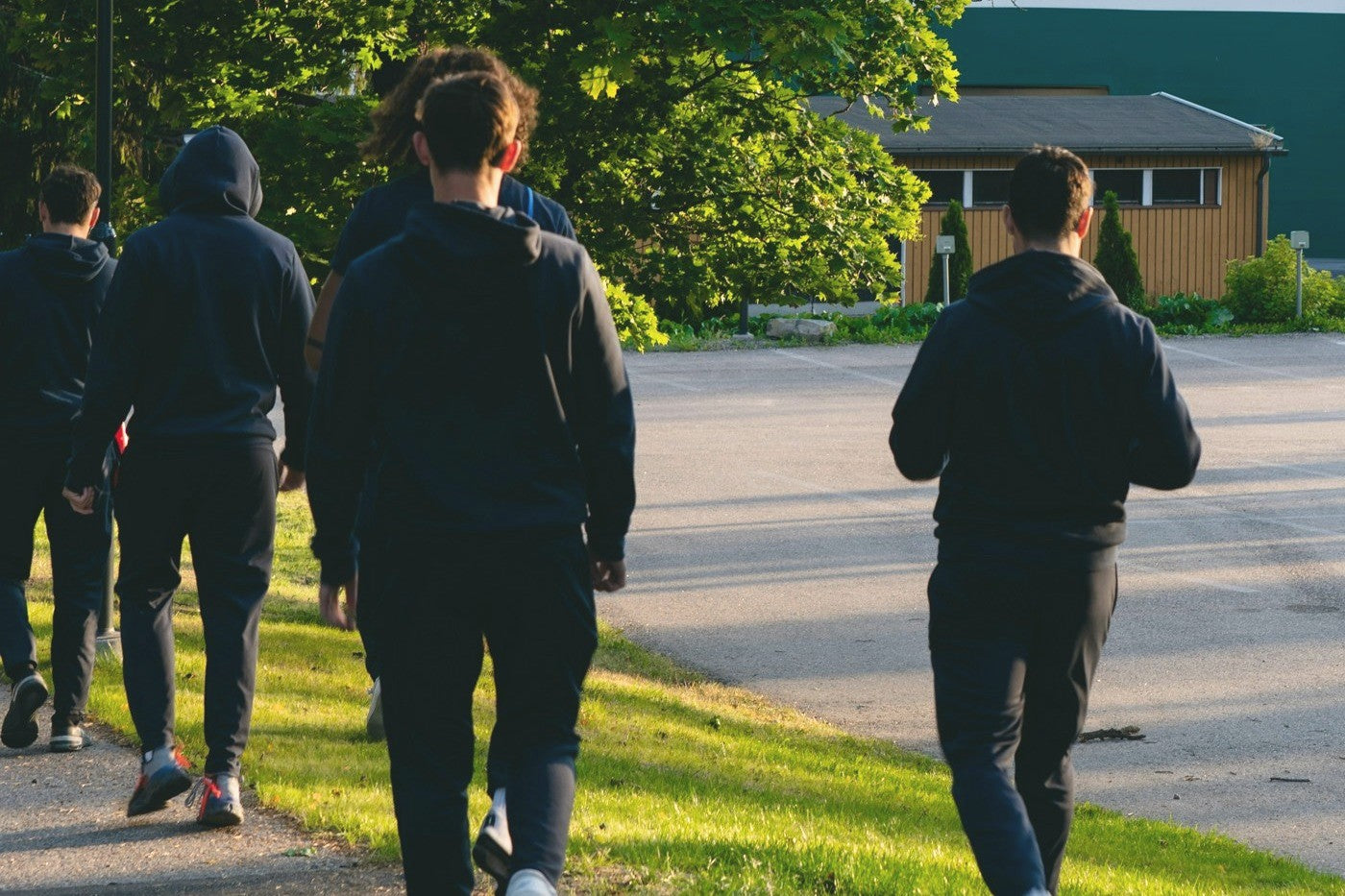 A group walking together in the late afternoon light