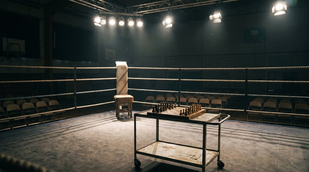 An empty boxing ring under stage lights with a chess board on a trolley at ringside.