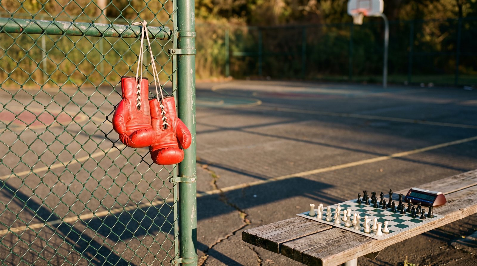 Small boxing gloves hanging on a court fence beside a chess set and clock on a bench.