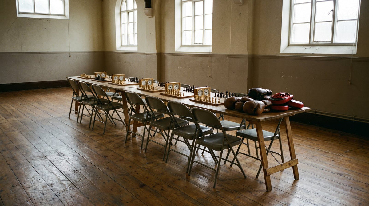 A hall set up for a team session: chess boards and clocks along a trestle table with gloves stacked at the end.